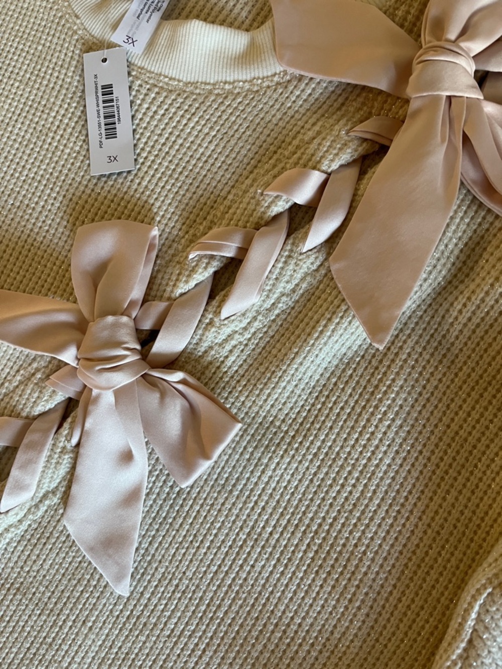 Adore Me Cream Sparkling Waffle Knit Crew Sweater with Blush Ribbon Bows